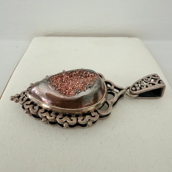 ✨ Vintage Sterling Silver Teardrop Copper/Rose Colored Druzy Pendant ✨ - Picture 5 of 10